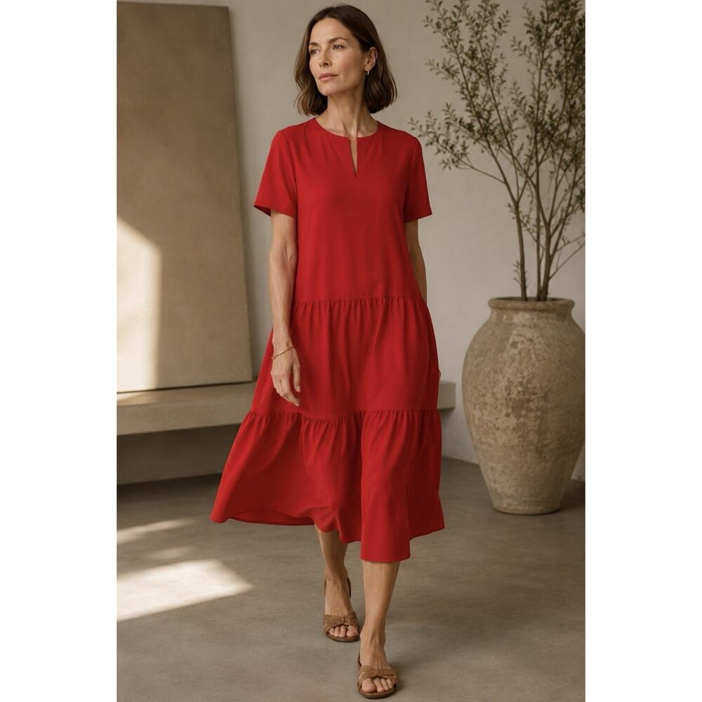 Misook Red Tiered Midi Dress Minimalist Swing Dress L